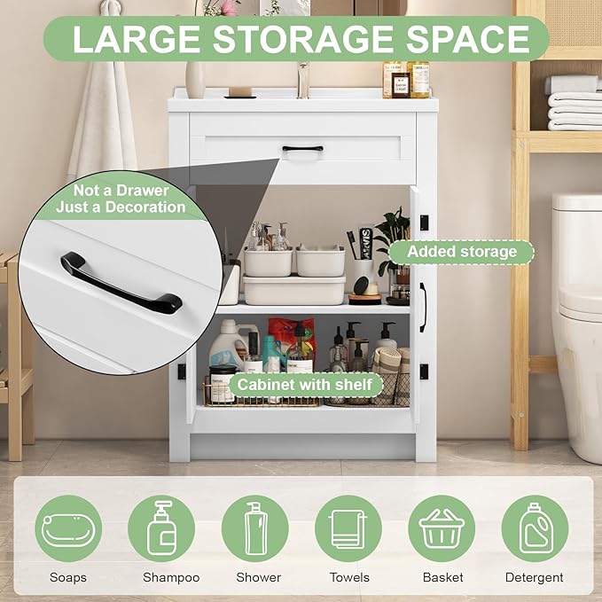 24" White Farmhouse Bathroom Vanity with Ceramic Sink, 2 Barn Door & Faux Drawer, Freestanding, Actual 23.6" L x 18.5" W x 35.4" H