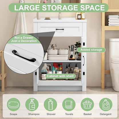 24" White Farmhouse Bathroom Vanity with Ceramic Sink, 2 Barn Door & Faux Drawer, Freestanding, Actual 23.6" L x 18.5" W x 35.4" H