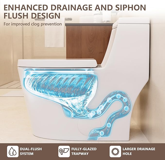 DeerValley Elongated One Piece Toilet with Standard Height Quick Release Seat Dual Flush 1.1/1.6 GPF White 12" Rough In Bathroom Toilet