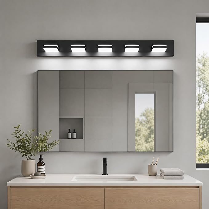 Black Modern LED Bathroom Vanity Light Fixtures over Mirror (36 in 5-Light) | Rotatable Heads, Dimmer Compatible, Wall Mount, Square Shape Design
