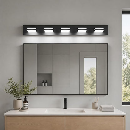 Black Modern LED Bathroom Vanity Light Fixtures over Mirror (36 in 5-Light) | Rotatable Heads, Dimmer Compatible, Wall Mount, Square Shape Design