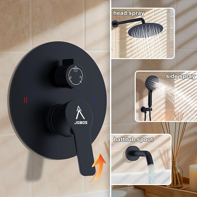 3 Functions Shower System，Modern Three-Setting 10-Inch Round Rain Shower Head and Faucet Set，Shower Faucet Set Complete Rough-in Valve and Trim Kit Included（Matte Black）