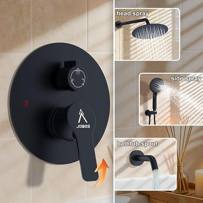 3 Functions Shower System，Modern Three-Setting 10-Inch Round Rain Shower Head and Faucet Set，Shower Faucet Set Complete Rough-in Valve and Trim Kit Included（Matte Black）