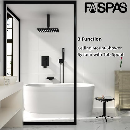 Shower System with 10-Inch Rain Head and Tub Spout | All-Metal Tub Shower Faucet Set, Ceiling Mount Rain Showerhead, Handheld Spray, Includes Valve and Trim Kit, Matte Black