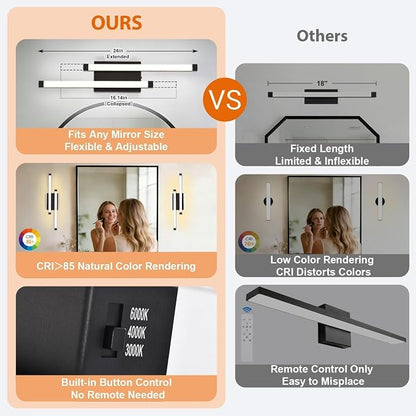 Bathroom Vanity Light Bar, 24 Inch Modern Black LED Vanity Light, 18W 3 CCT 3000K 4000K 6000K Dimmable Hardwired Bathroom Light Fixtures Over Mirror for Bathroom, Hallway, Powder Room, Washroom
