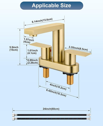 Brushed Gold Bathroom Sink Faucet,4 Inch Centerset,Two Handle | Lead-Free SUS304 Stainless Steel 2 or 3-Hole Centerset Bathroom Faucet,Pop-Up Drain & cUPC Supply Lines for Vanity Sinks & RV