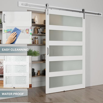 48'' x 84'' Glass Barn Door and 8FT Brushed Nickel Hardware Kit | MDF White Barn Door Slab with Frosted Glass, PVC Surface, Combined with Handle and Floor Guide-Assembly Required
