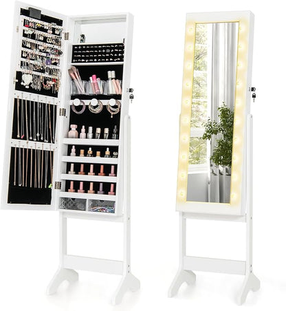 GOFLAME Jewelry Armoire Cabinet Standing, Lockable Full Length Mirror with Storage Shelves and 2 Drawers, Adjustable Tilt Angles, Stand Up Jewelry Box with Lighted Mirror (White)