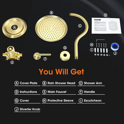 Rainfall Shower System Shower Faucet Set, Luxury, Antique, Light Gold | 9 Inch Single Function Shower Head, Pressure Balance Valve, Wall Mounted, Bathroom, Shower Trim Kit
