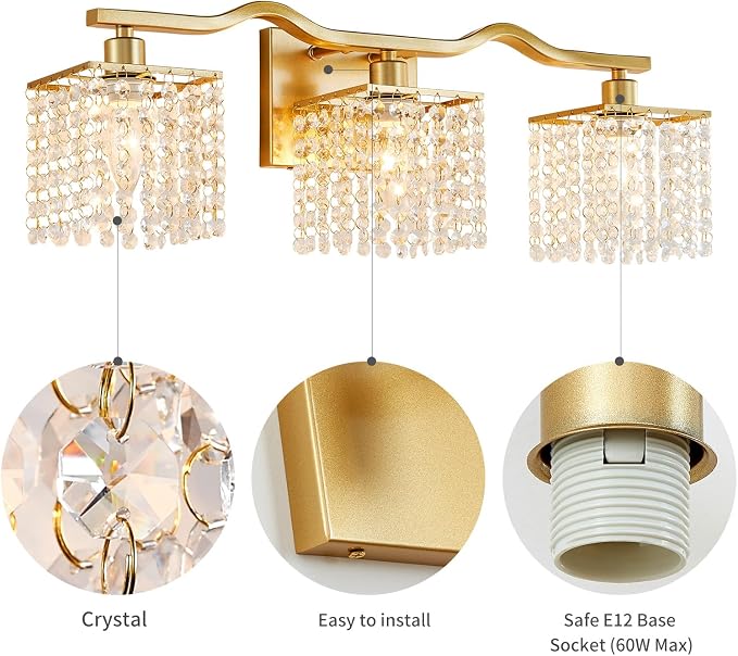 WUZUPS 3-Light Bathroom Light Fixture Over Mirror Morden Vanity Wall Sconces Light Clear Crystal Drop for Bedroom Living Room, E12 Base, Gold