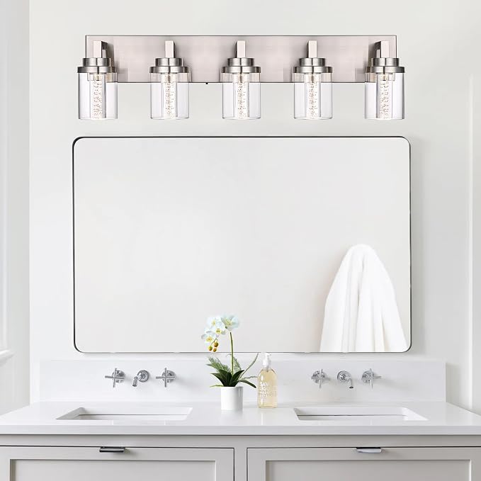 MELUCEE LED Vanity Light Bar 5-Light Bathroom Vanity Light 3000K-6000K | 25W Bath Lamps Over Mirror Brushed Nickel Bathroom Wall Lighting Fixtures with Clear Glass Shade Bubble Crystal