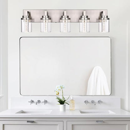 MELUCEE LED Vanity Light Bar 5-Light Bathroom Vanity Light 3000K-6000K | 25W Bath Lamps Over Mirror Brushed Nickel Bathroom Wall Lighting Fixtures with Clear Glass Shade Bubble Crystal