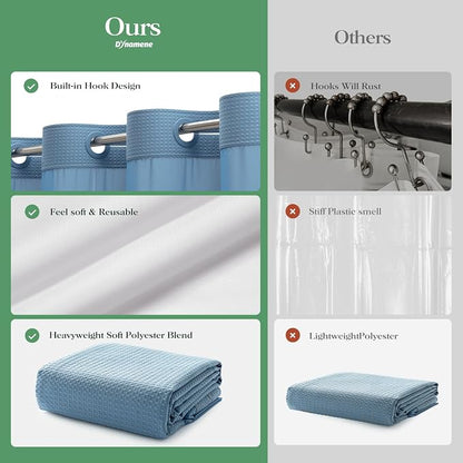 Moonlight Blue Hook Free Waffle Shower Curtain & Snap Liner,72x75 | Less Time to install, 3 in 1 Fabric Shower Curtain and Liner Set with Magnets, Mesh Top Window, Shower Curtains for Bathroom