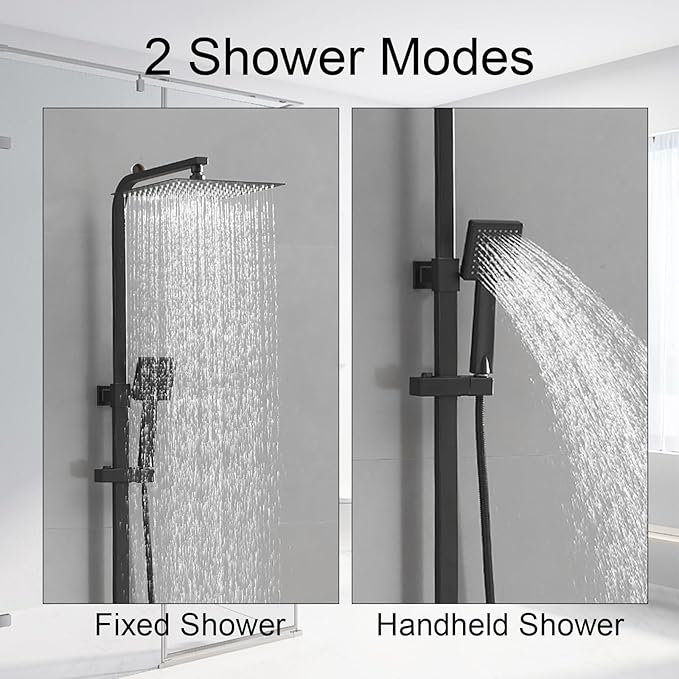 Homevacious Wall Mount Outdoor Shower Kit 9 Inch Rainfall Shower Head Handheld Spray Single handle Center Exposed Shower with Square Shower Head Matte Black