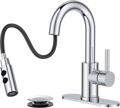 FORIOUS Chrome Bathroom Faucet with Pull Down Sprayer, Single Hole Bar Sink Faucet 1 Hole with Pop Up Drain Hose, Suitable for Bathroom, RV,Vanity, Restroom & Utility Sink