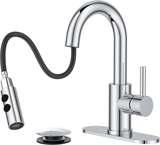 FORIOUS Chrome Bathroom Faucet with Pull Down Sprayer, Single Hole Bar Sink Faucet 1 Hole with Pop Up Drain Hose, Suitable for Bathroom, RV,Vanity, Restroom & Utility Sink