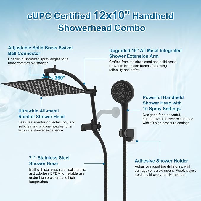 Hibbent All Metal 12" High Pressure Rain Shower Head Combo, Matte Black | cUPC Certified Rainfall Shower Head with handheld 10 Sprays, 16'' Adjustable Extension Arm, 71'' Hose, Showerhead Holder