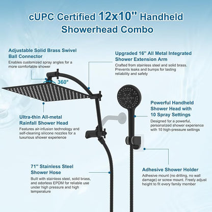 Hibbent All Metal 12" High Pressure Rain Shower Head Combo, Matte Black | cUPC Certified Rainfall Shower Head with handheld 10 Sprays, 16'' Adjustable Extension Arm, 71'' Hose, Showerhead Holder