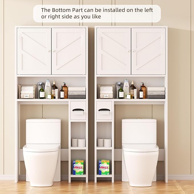 Shintenchi Over the Toilet Storage Cabinet, Bathroom Storage Cabient with Barn Doors, Bathroom Storage Shelf Organizer with Toilet Paper Holder, Adjustable Shelf and Anti-Tip Device, White