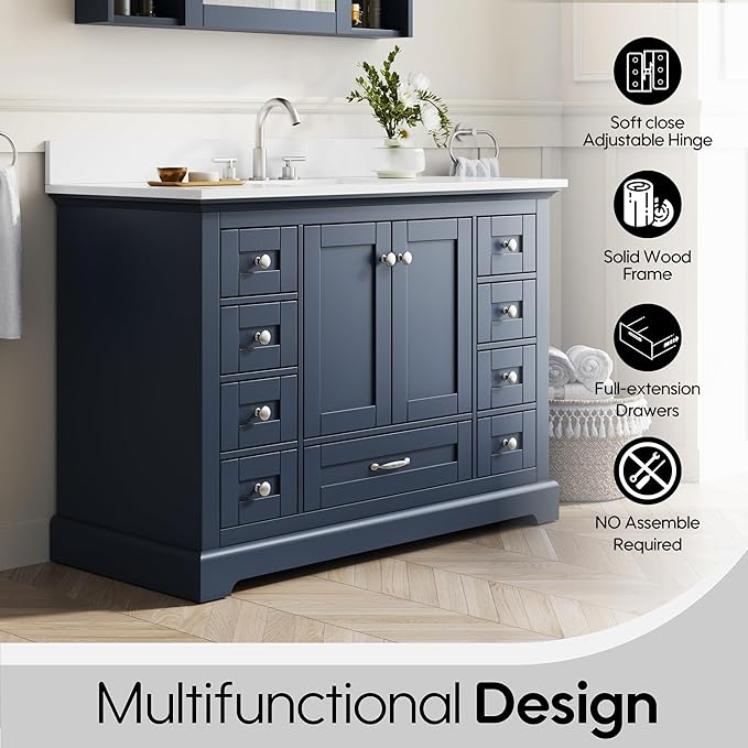 WELLFOR 48" Bathroom Vanity with Sink, Bathroom Freestanding Vanity W/ 2 Soft-Close Doors and 9 Soft-Close Drawers, Bathroom Cabinet Vanity with Cultured Marble Countertop (Navy Blue)