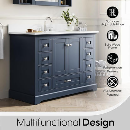 WELLFOR 48" Bathroom Vanity with Sink, Bathroom Freestanding Vanity W/ 2 Soft-Close Doors and 9 Soft-Close Drawers, Bathroom Cabinet Vanity with Cultured Marble Countertop (Navy Blue)