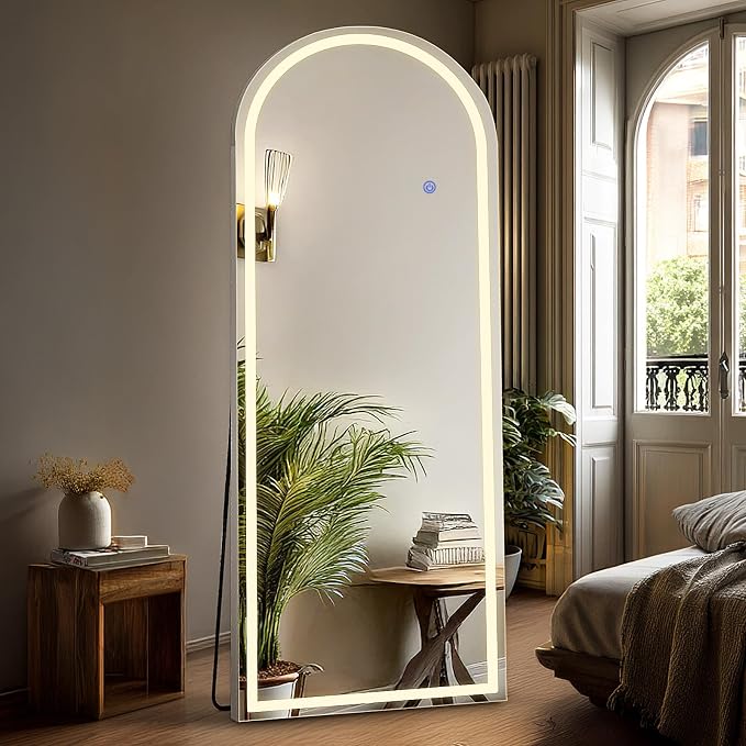 DUMOS Arched Full Length Mirror Lighted, 20"x63" LED Floor Standing Mirror | LED Lights 3 Color Lighting and Shatterproof Tempered Glass, Wall Hanging or Leaning, Floor Standing, Modern Home Decor