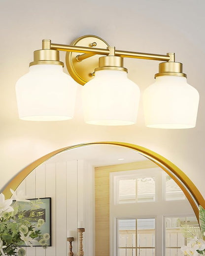 Emak Gold Vanity Light with Milk Glass Shade, Modern Bathroom Light Fixtures Over Mirror, 3-Light Bathroom Vanity Lights for Mirror, Bath, VL122-GD-ML-3