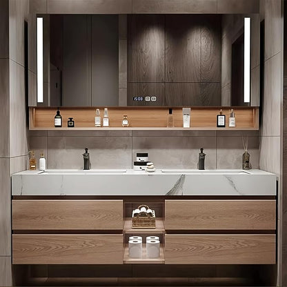 Double Sink Bathroom Vanities, 100IN Bathroom Vanity Cabinet Include LED Smart Defogging Mirror and Open Shelf, Solid Wood Bathroom Sink Vanity with Integrated Sink and Drawers Storage (Wood)