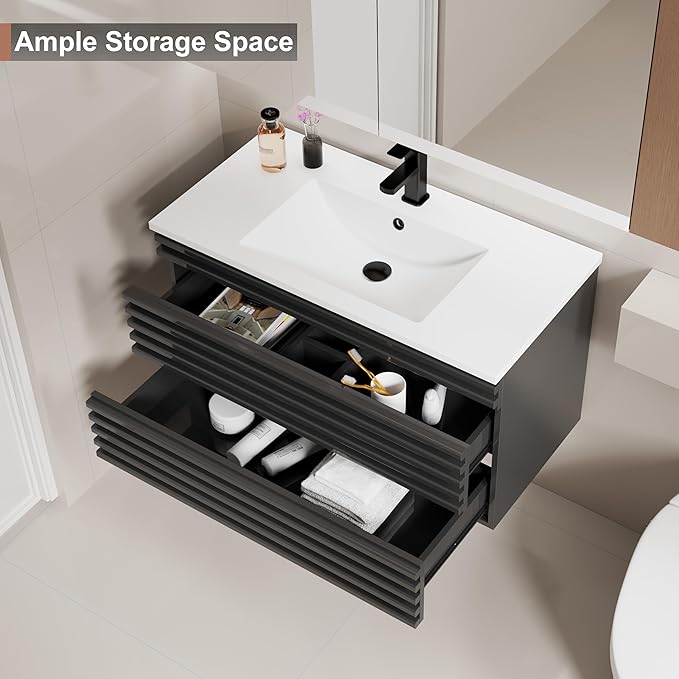 LUCKWIND 36" Floating Bathroom Vanity with Sink, Mid-Century Wall Mounted Big Drawer Cabinet with Large Sink, Water Saving Faucet and Wood Stripes Style, Black