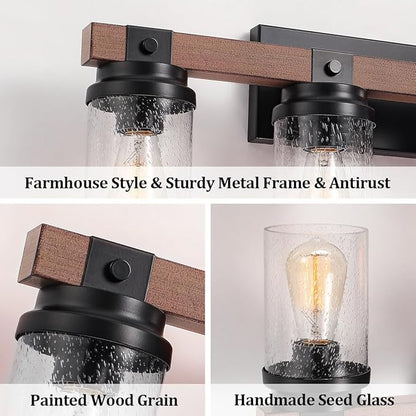 Farmhouse Vanity Light Fixtures, 3-Light Rustic Bathroom Lights Over Mirror with Pretty Glass Shade, Industrial Black Metal Wood Wall Decor Sconces for Living Room Hallway Stairway UL-Listed