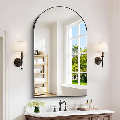 Arched Bathroom Mirror 30x50 Inch, Bathroom Mirror for Over Sink, Wall Mounted Vanity Mirror with Aluminum Frame & Tempered Glass, Ideal for Bedroom, Entryway, Living Room, Mantel, Black