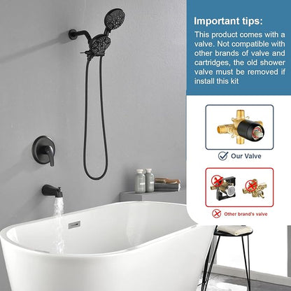 Tub and Shower Faucet Set Complete Dual Shower Head and Handheld 2 in 1 Combo Set Shower System with Tub Spout Tub and Shower Trim Kit Matte Black