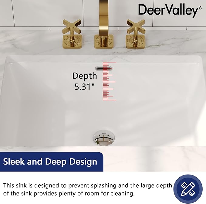 DeerValley 23.9"x15.79" Undermount Bathroom Sink Rectangular Undermount Sink White Ceramic Under Counter Bathroom Sinks with Flat Overflow DV-1U0209