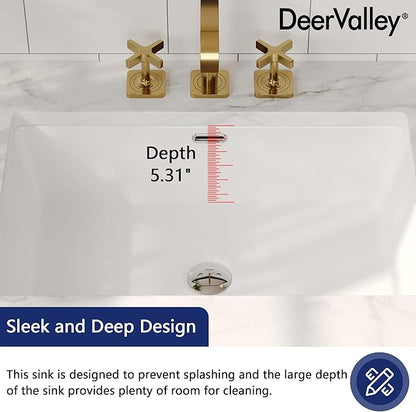 DeerValley 23.9"x15.79" Undermount Bathroom Sink Rectangular Undermount Sink White Ceramic Under Counter Bathroom Sinks with Flat Overflow DV-1U0209