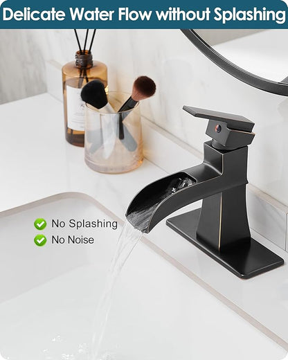 Bronze Bathroom Faucet 1 Hole or 3 Hole (4 Inch), Brass Waterfall Bathroom Faucets Single Handle, Farmhouse Faucet for Bathroom Sink with Deck Plate & Water Hoses, Not Equipped Pop-up Drain