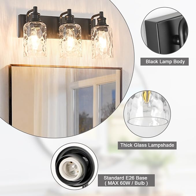 Bathroom Light Fixtures Over Mirror, 3 Lights Vanity Lights with Hammered Glass Shade, 17.8" Matte Black Farmhouse Bathroom Light Fixtures for Bedroom, Porch, Hotel, Mirror Cabinet