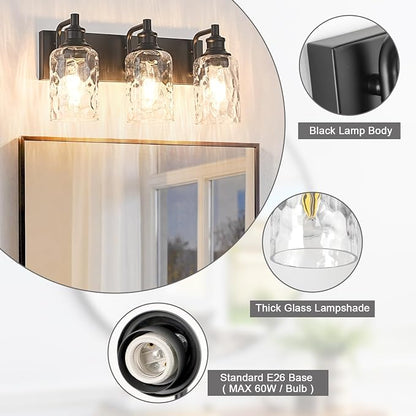 Bathroom Light Fixtures Over Mirror, 3 Lights Vanity Lights with Hammered Glass Shade, 17.8" Matte Black Farmhouse Bathroom Light Fixtures for Bedroom, Porch, Hotel, Mirror Cabinet