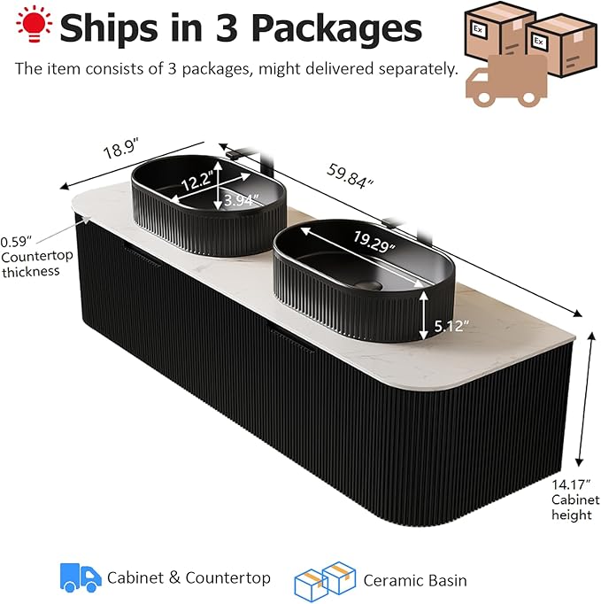 60" Floating Bathroom Vanity with Double Sink, Modern Wall-Mounted Bathroom Vanities with Marble Countertop and Oval Ceramic Sink, Soft-Close Design, Natural Solid Wood Cabinet, Pre-Assembled, Black