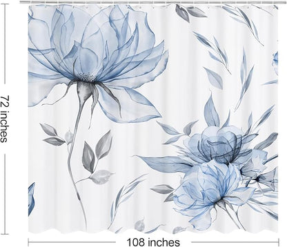 Blue Boho Floral Shower Curtain, Watercolor Botanical Design, 108 x 72 | Boho Floral Design, Watercolor Ink Painting Style, Botanical Flowers & Leaves, Elegant Bathroom Accent, Fabric Cloth Curtain