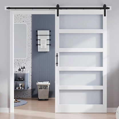 48x96 Inch Glass Sliding Barn Door Slab and 8ft Hardware Kit Included, 5 Frosted Glass, LVL Wood Panel Covered with White Water-Proof Scratch-Proof PVC Surface, Simple DIY Assembly
