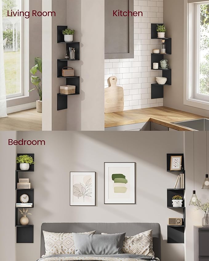 VASAGLE Set of 2, Corner Shelves Wall Mount, 4-Tier Floating Corner Bookshelves, Plant Shelves for Bedroom, Living Room, Bathroom, Home Office, Ink Black