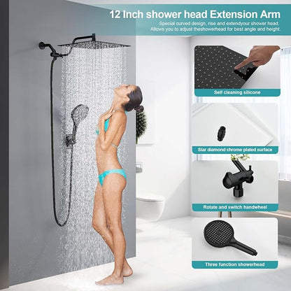 Rainfall Shower Head,12 Inch Rain High Pressure Shower Head with Spray Combo,14 Inch Adjustable Extension Arm and 3 Spray Filtered Shower Head with Filters,79 Inch Long Shower Hose,Matte Black