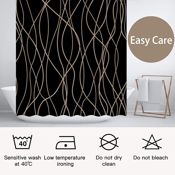 Striped Shower Curtain for Bathroom, Black Brown, 72" W x 72" L | with Hooks, Modern Hotel Style, Water Repellent, Washable, Weighted Hem