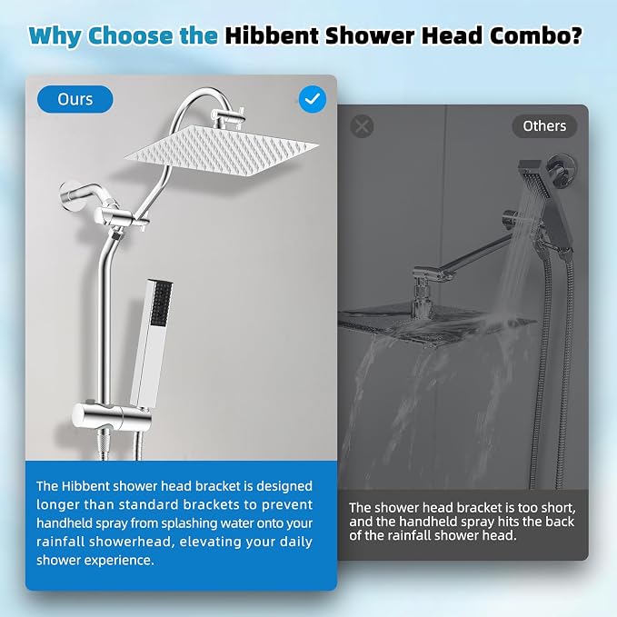 Hibbent 12'' Rainfall Shower Head with 4-mode Handheld Shower Spray, Chrome | cUPC Certified High Pressure Showerhead Combo, 12'' Adjustable Extension Arm, Extension Bar, Easy Reach Holder, 71'' Hose