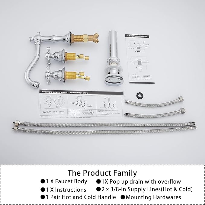 GGStudy Two Handles Three Holes Faucet 8-16 inch Widespread Bathroom Sink Faucet Chrome Basin Mixer Tap Matching Metal Pop Up Drain with Overflow