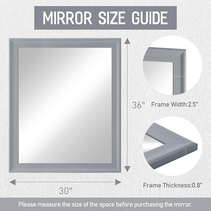 30x36 Inch Rectangular Wall Mirror, Grey Bathroom Vanity Mirrors | Grey Mirror, Tempered Glass, Wall Decor