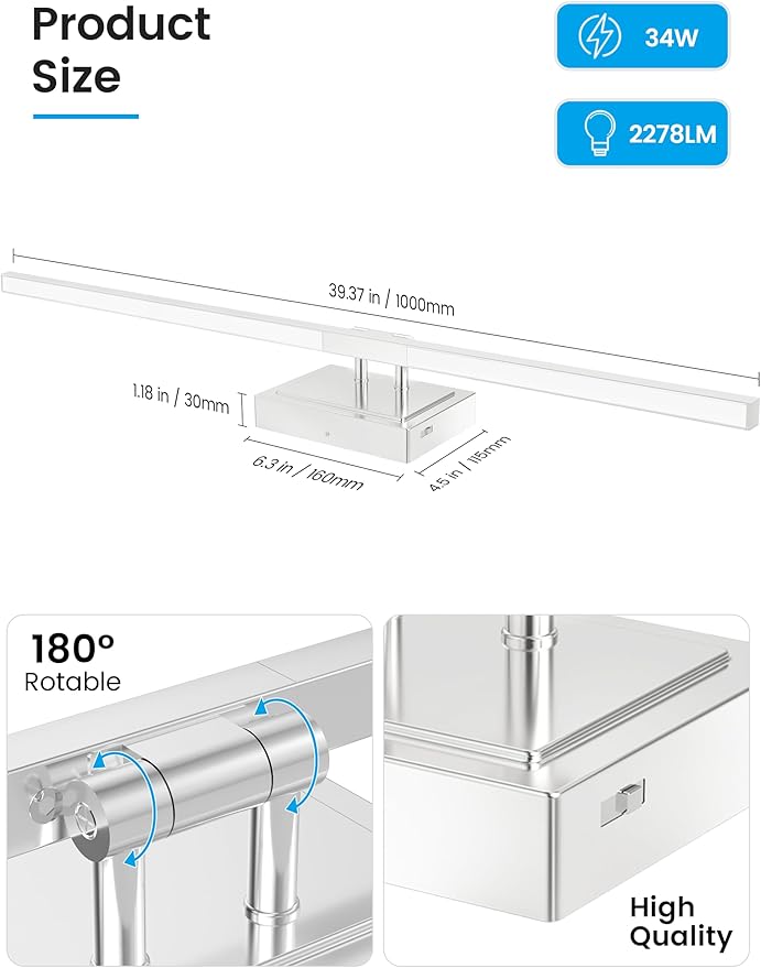 NIORSUN 39.4 Inch Modern Bathroom Light Fixture, 34W 5CCT Dimmable LED Chrome Bathroom Vanity Lights Over Mirror, Vanity Lights for Bathrooms Restroom Mirror