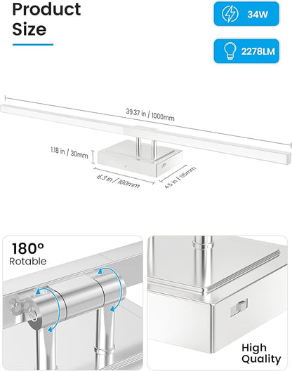NIORSUN 39.4 Inch Modern Bathroom Light Fixture, 34W 5CCT Dimmable LED Chrome Bathroom Vanity Lights Over Mirror, Vanity Lights for Bathrooms Restroom Mirror