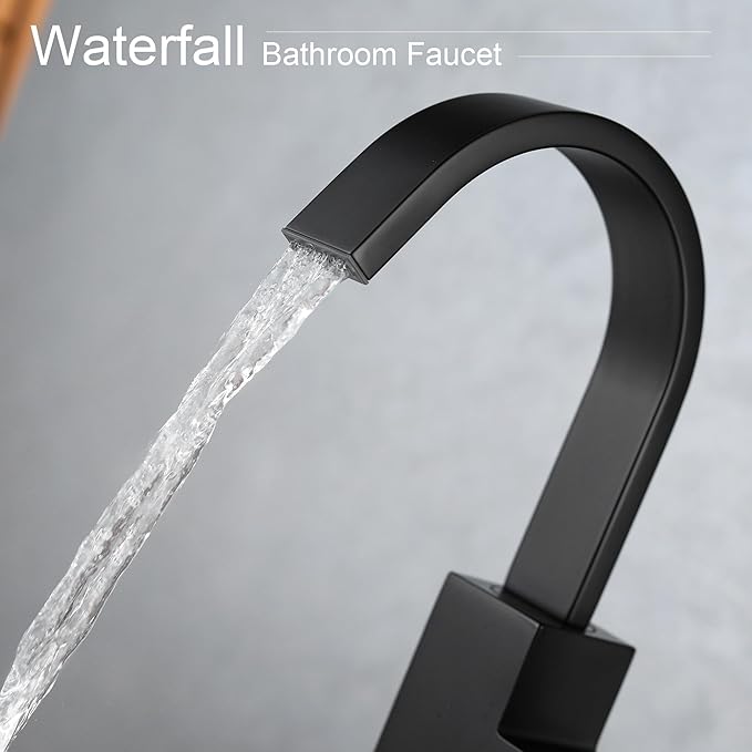 Matte Black Vessel Sink Faucet, Single Handle Tall Bathroom Faucet，Waterfall Bathroom Faucet Single Hole Lavatory Vanity Tap Single Hole Bar Sink Faucet with Pop Up Drain and Supply Lines,SL50044BK