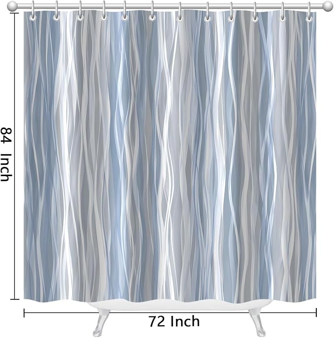 Moonslim Blue Grey Ombre Shower Curtain, Modern Wavy Abstract Striped Line Bathroom Curtain, Waterproof Fabric Bath Decor, 72 x 84 Inch